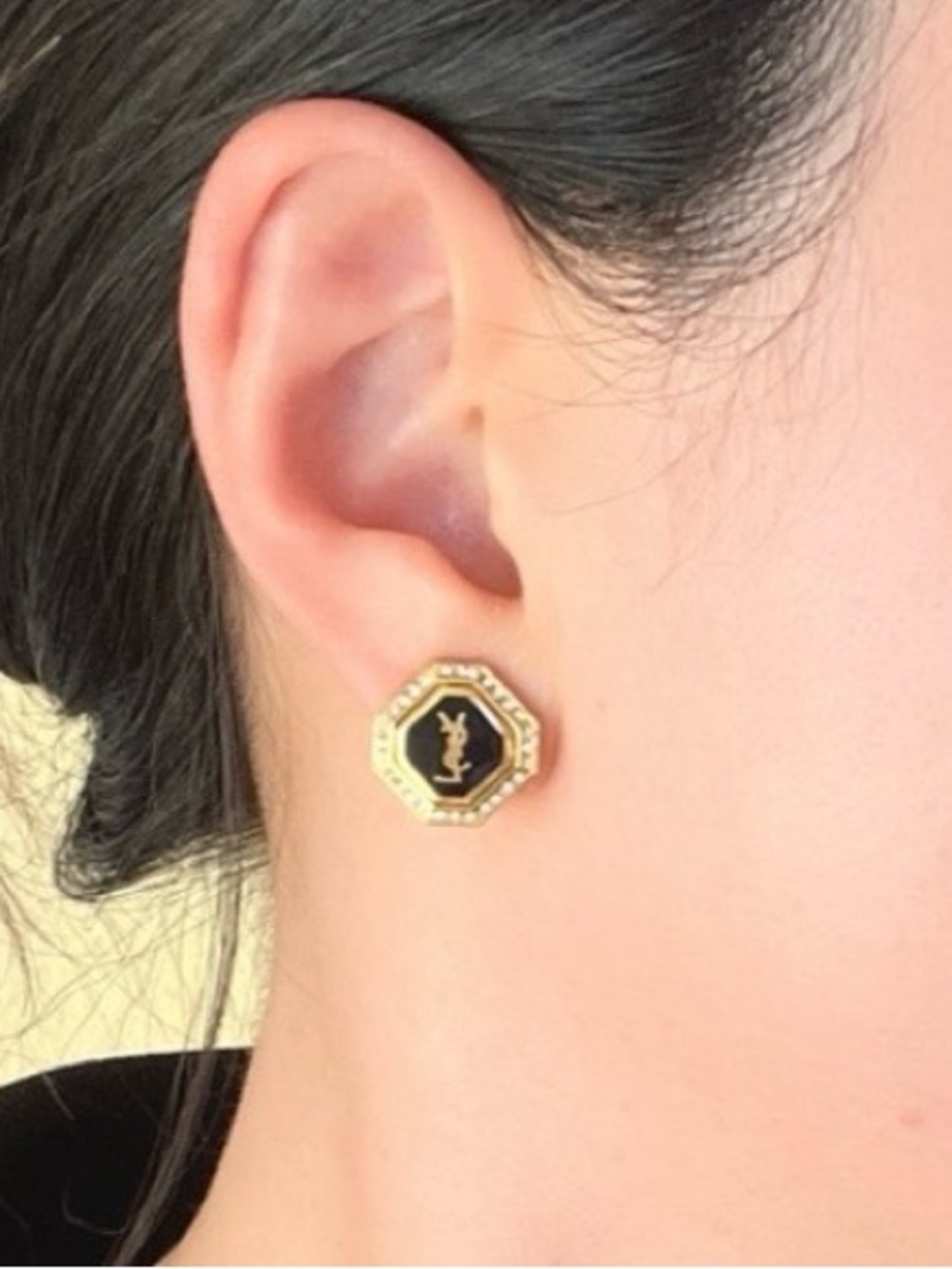 YSL Yves Saint Laurent Vintage Black & Gold Clip On Pendant Earrings w/ Crystals - Picture 5 of 17